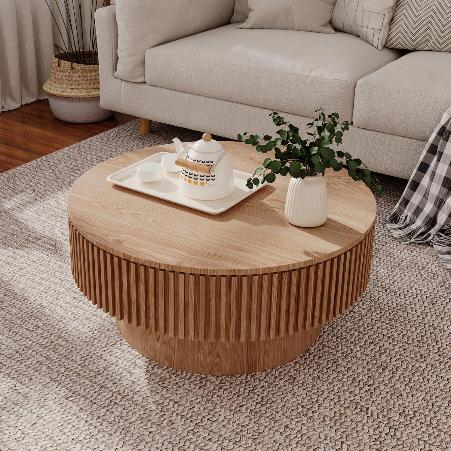 31.5'' Round Coffee Table with Storage Space, Modern Wood Circle Fluted Drum Pedestal Coffee Table for Living Room, Easy Assembly, Oak (ø31.49'' x 14'')