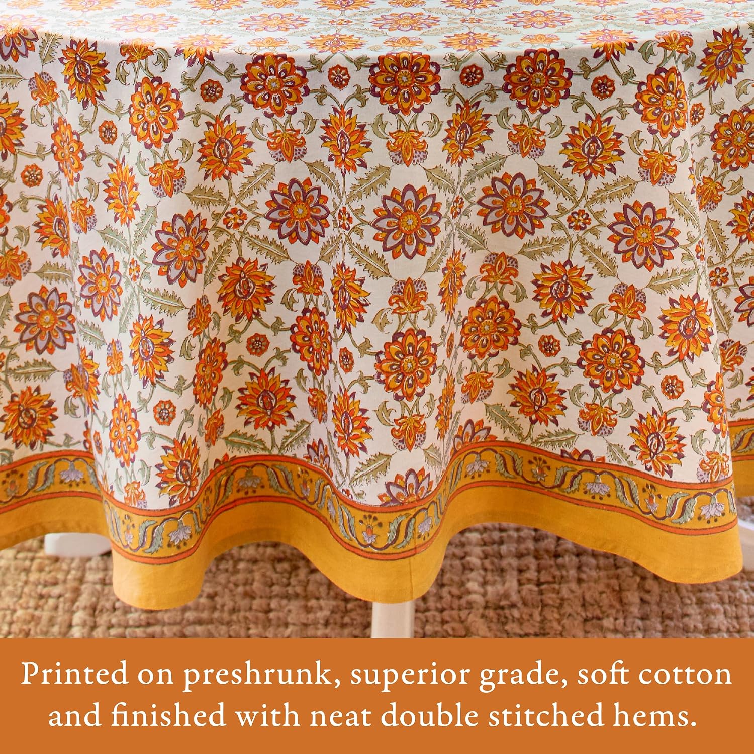 Saffron Marigold Round Hand Block Printed Tablecloth - Orange Blossom Luxurious 100% Cotton, Washable, for Home Decor, Kitchen, Coffee Or Dining Table 70 Inch