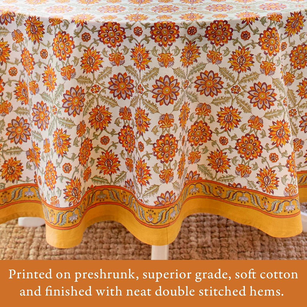 Saffron Marigold Round Hand Block Printed Tablecloth - Orange Blossom Luxurious 100% Cotton, Washable, for Home Decor, Kitchen, Coffee Or Dining Table 90 Inch