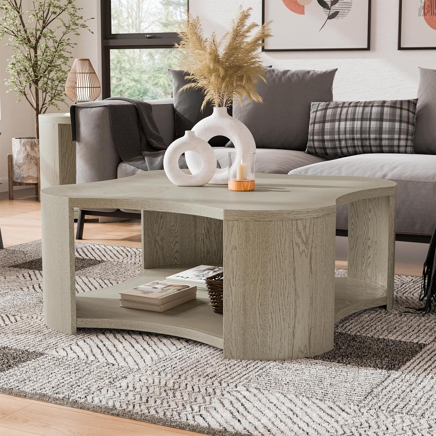 Furniture of America Selyra Modern Solid Wood 42-inch Mobile Square Coffee Table with Casters, 1 Shelf and Plinth Base for Living Room, Oak