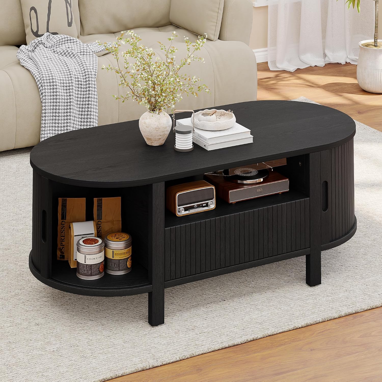 ComfyCorner 47' Oval Coffee Table, Tambour Design Coffee Tables for Living Room, Mid Century Modern Wood Coffee Table, 3-Tier Accent Center Table with Storage, Large Drawer, Black