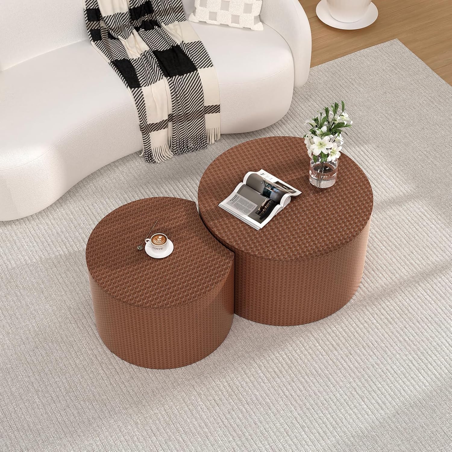 Round Coffee Table Set of 2 Modern Nesting Coffee Tables Drum Coffee Tables with Non-Slip Feet, Circle Nesting Tables End Table for Living Room Office, No Assembly (Brown 26.8'+18.3')