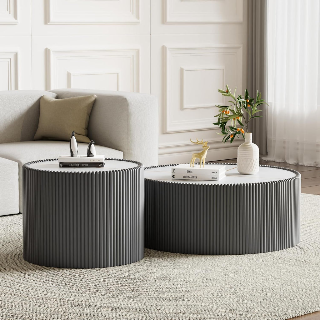 Round Coffee Table Set with Sintered Stone Tabletop, 29.52' Grey Drum Center Table and 17.71' Grey Coffee Table Set, 2 Pieces Living Room Table Set with Fluted PU Leather Cover& Stable Base