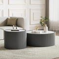 Round Coffee Table Set with Sintered Stone Tabletop, 29.52' Grey Drum Center Table and 17.71' Grey Coffee Table Set, 2 Pieces Living Room Table Set with Fluted PU Leather Cover& Stable Base