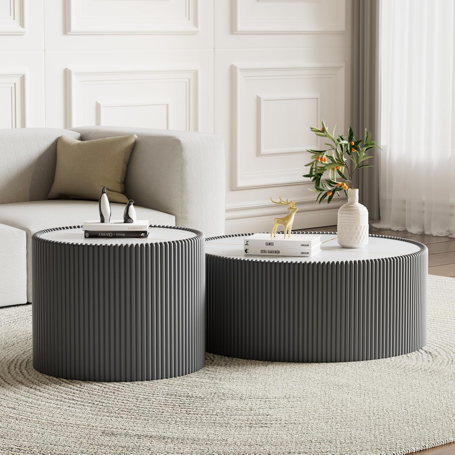 Round Coffee Table Set with Sintered Stone Tabletop, 29.52' Grey Drum Center Table and 17.71' Grey Coffee Table Set, 2 Pieces Living Room Table Set with Fluted PU Leather Cover& Stable Base