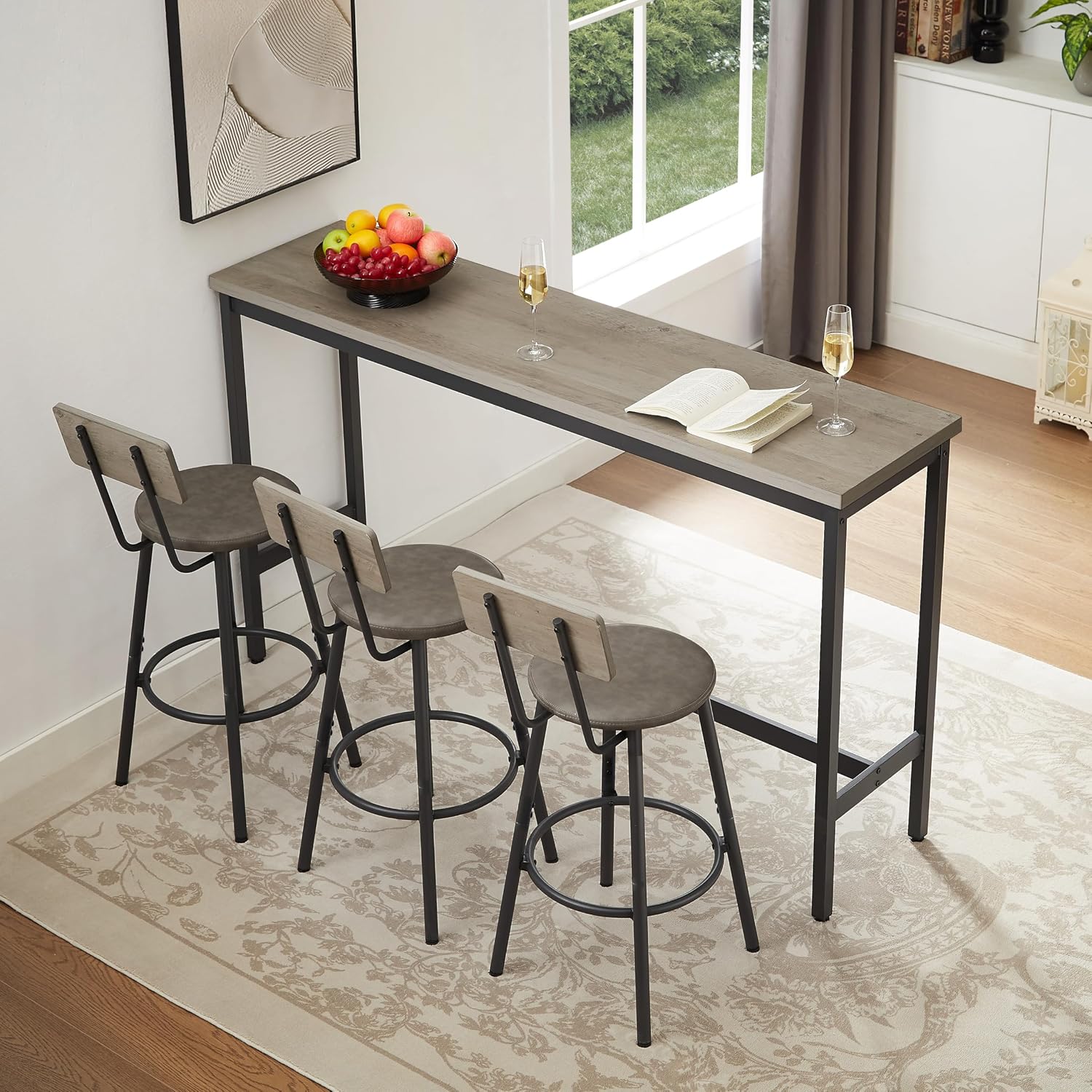 Elevon Long Bar Table Set with 3 PU Upholstered Bar Stools, Dining Table and Chair Sets, Industrial Tall Coffee Table and Back Chair for Kitchen, Living Room, Party Room, Small Space, Pub, Gray