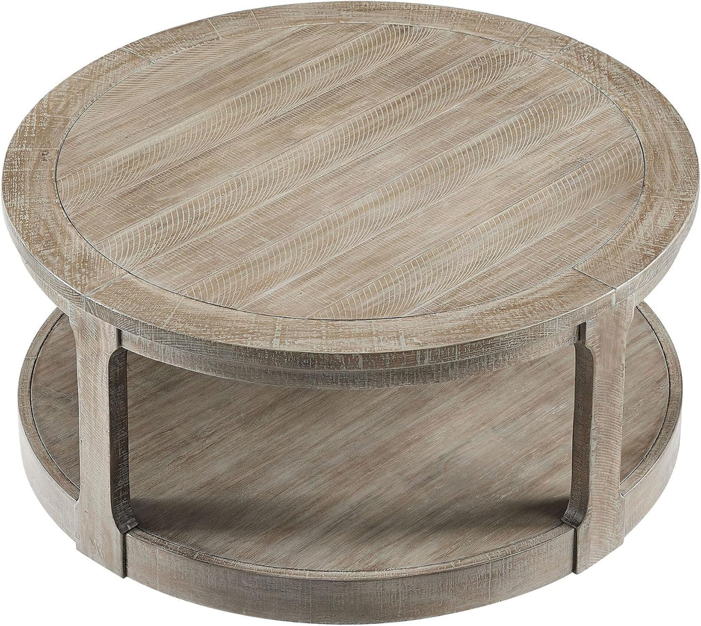 WILLIAMSPACE 40' Round Coffee Table with Wheels, Circle 2 Tier Solid Wood Center Coffee Table, Mid Century Retro Farmhouse Rounded End Table for Living Room Apartment, ø40 x 17.52' H (Light Brown)