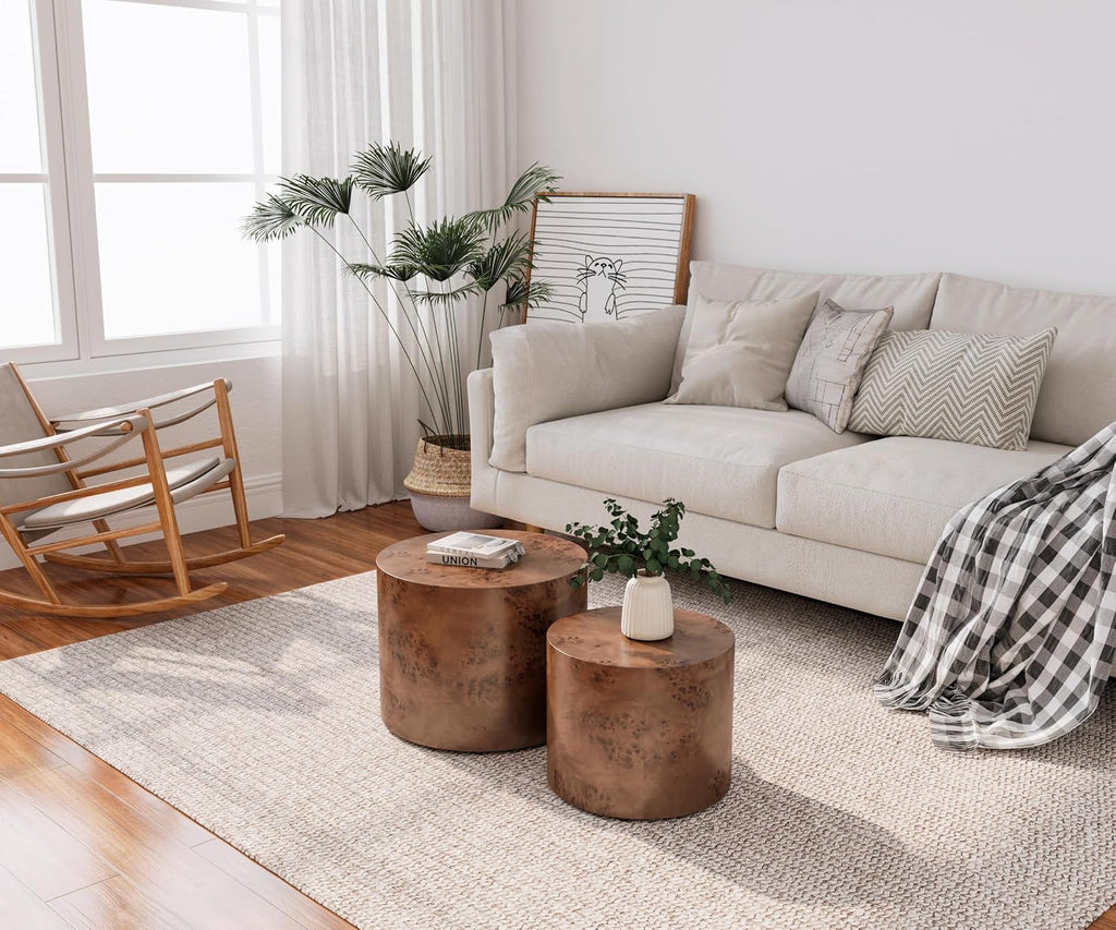 WILLIAMSPACE 18.9' Round Nesting Coffee Table Set of 2, Modern Wooden Coffee Tables Small Circle Center Table for Living Room, Accent End Table Set, No Assembling (Brown Burl)