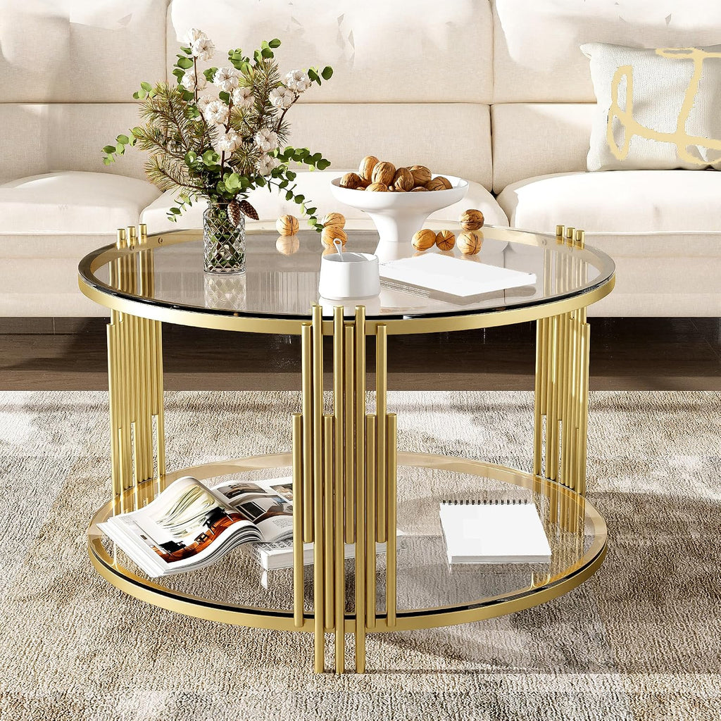 Gold Glass Coffee Table Round Modern Living Room Table, Luxury Stainless Steel Irregular Leg Tempered Glass, Circle Sofa Center Table for Home Office, 31.5' Clear