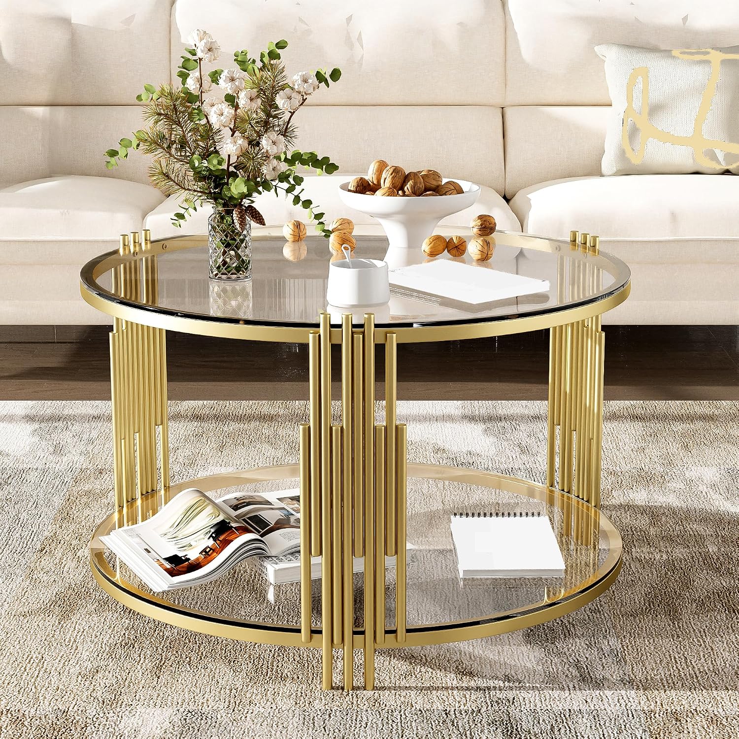 Gold Glass Coffee Table Round Modern Living Room Table, Luxury Stainless Steel Irregular Leg Tempered Glass, Circle Sofa Center Table for Home Office, 31.5' Clear