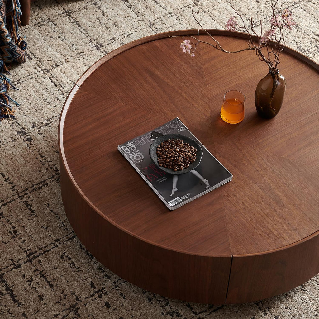 SSLine 39.4-Inch Round Coffee Table with Storage Drawers,Fully Assembled Wooden Coffee Table with Solid Wood Veneered Mid-Century Modern Cocktail Center Tables for Living Room Office Apartment,Walnut
