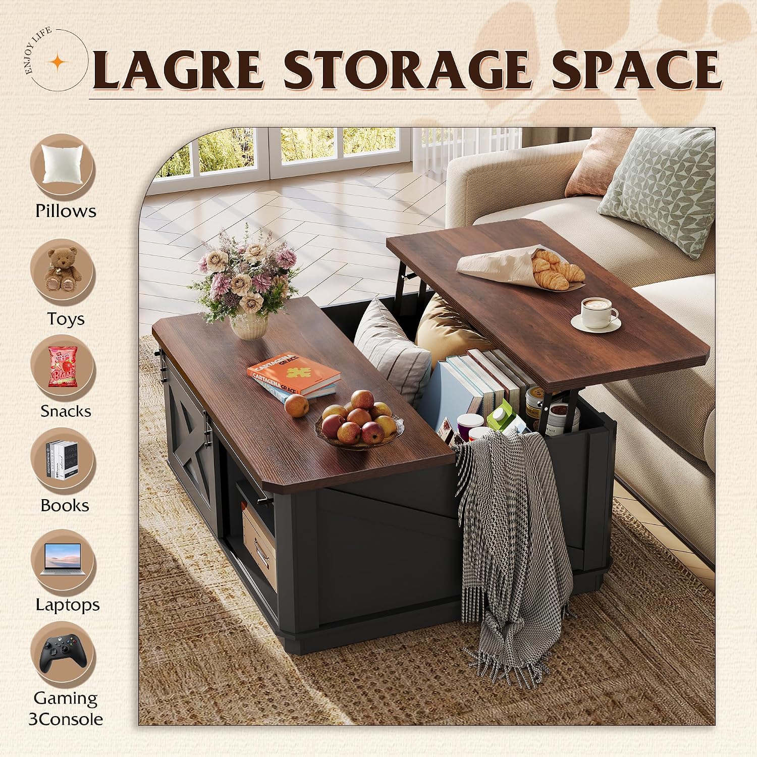 WLIVE Farmhouse Coffee Table with Storage, 35.5' Lift Top Coffee Table for Living Room, Square Center Table, Rustic Cocktail Table with Sliding Barn Doors, Curevd Base, Black