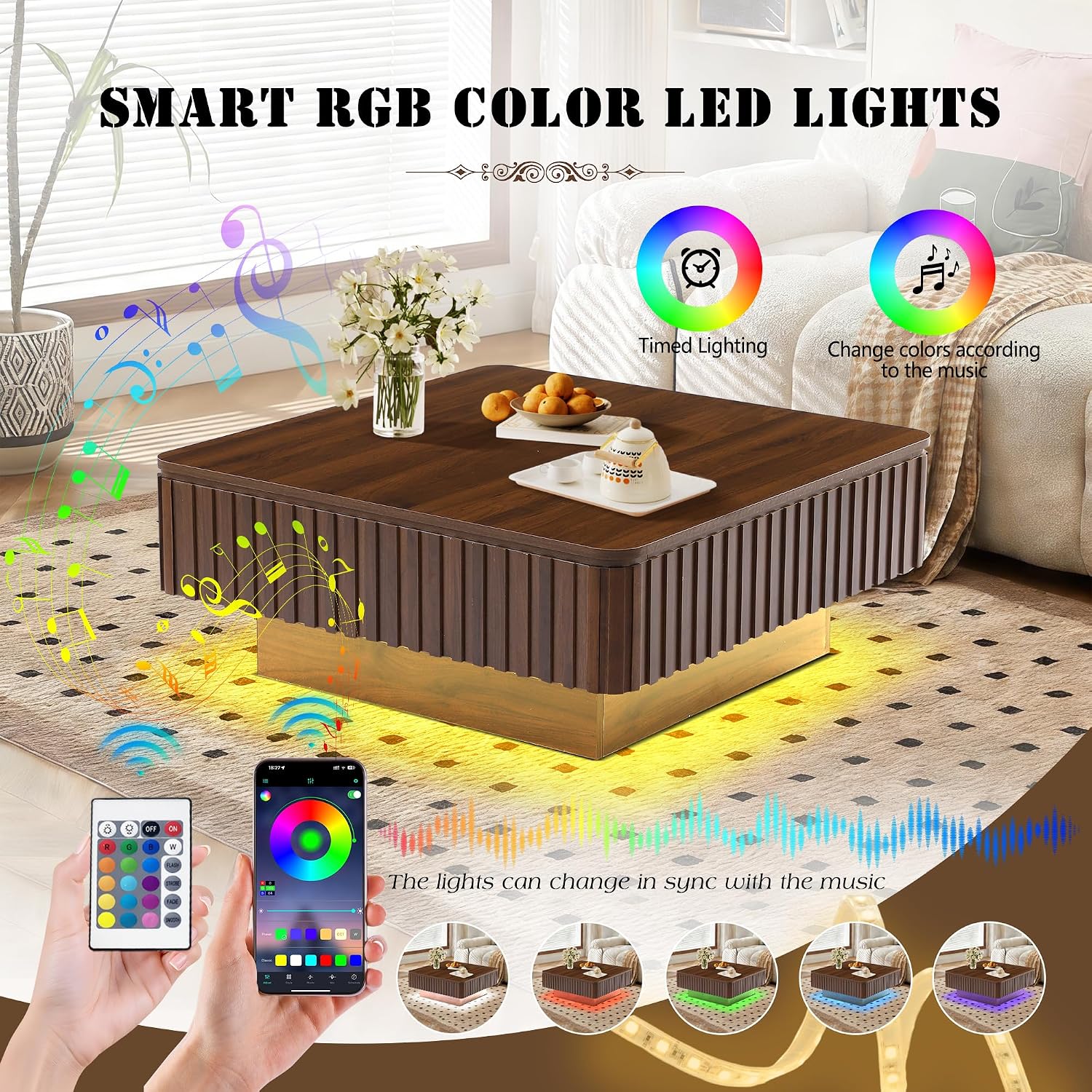 Grepatio Square Lift Top Coffee Table with Storage, 35' Fluted Coffee Table with RGB Led Lights, Wooden Center Tables with USB Power Outlet, Mid Century Table for Living Room (Square)
