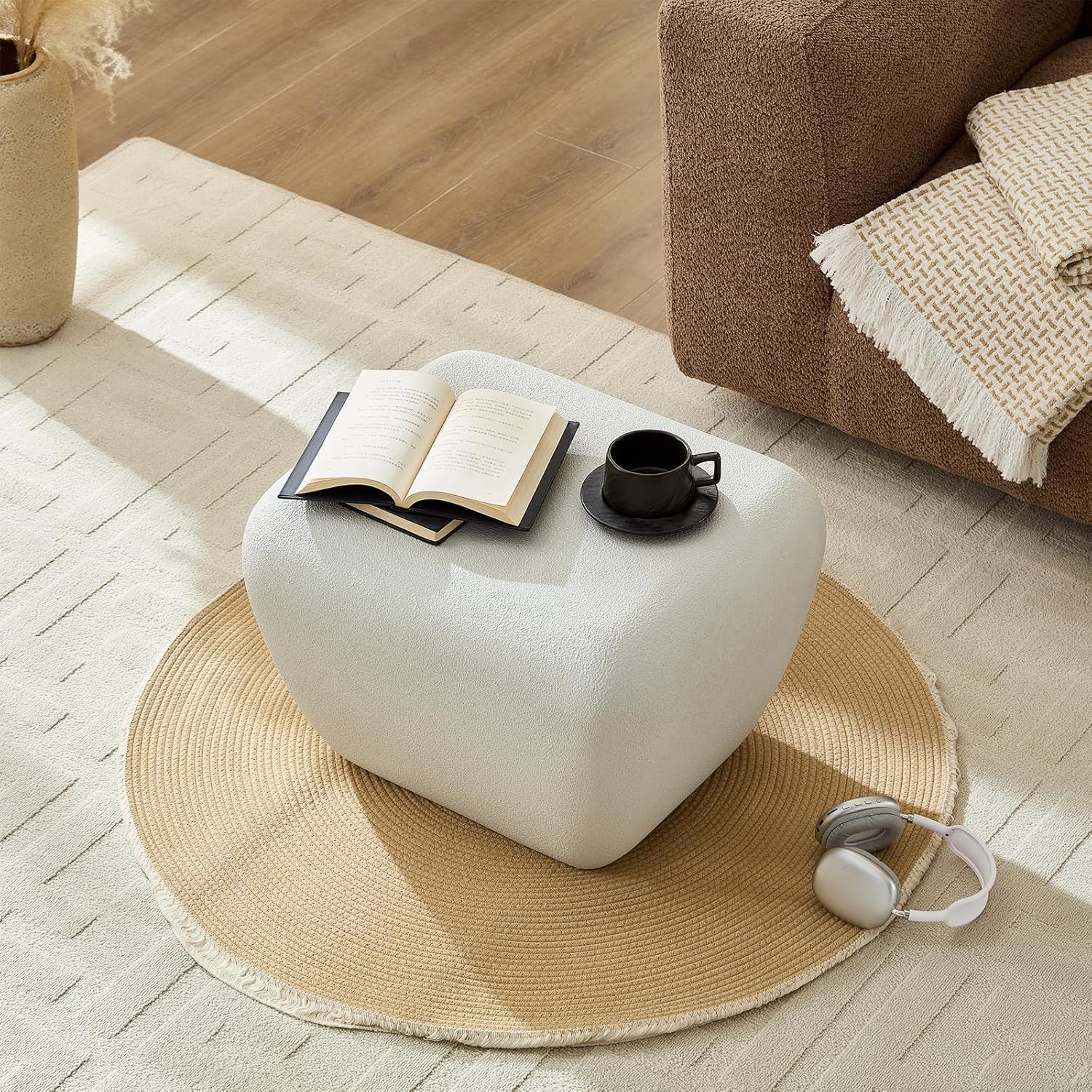 21.85' Faux Stone Side Table Square, Small Coffee Table French Country Rustic Sofa End Table, Fiberglass Modern Contemporary Concrete Table for Living Room Bedroom Apartment, No Assembly