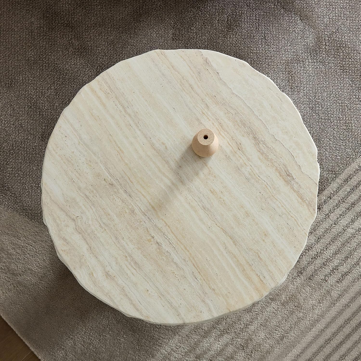 23.82 inch Small Side Table for Living Room, Round Pedestal Coffee Table Modern Center End Table for Small Space Apartment, Office, Indoor Outdoor Marble Fiber Concrete Stone Beige