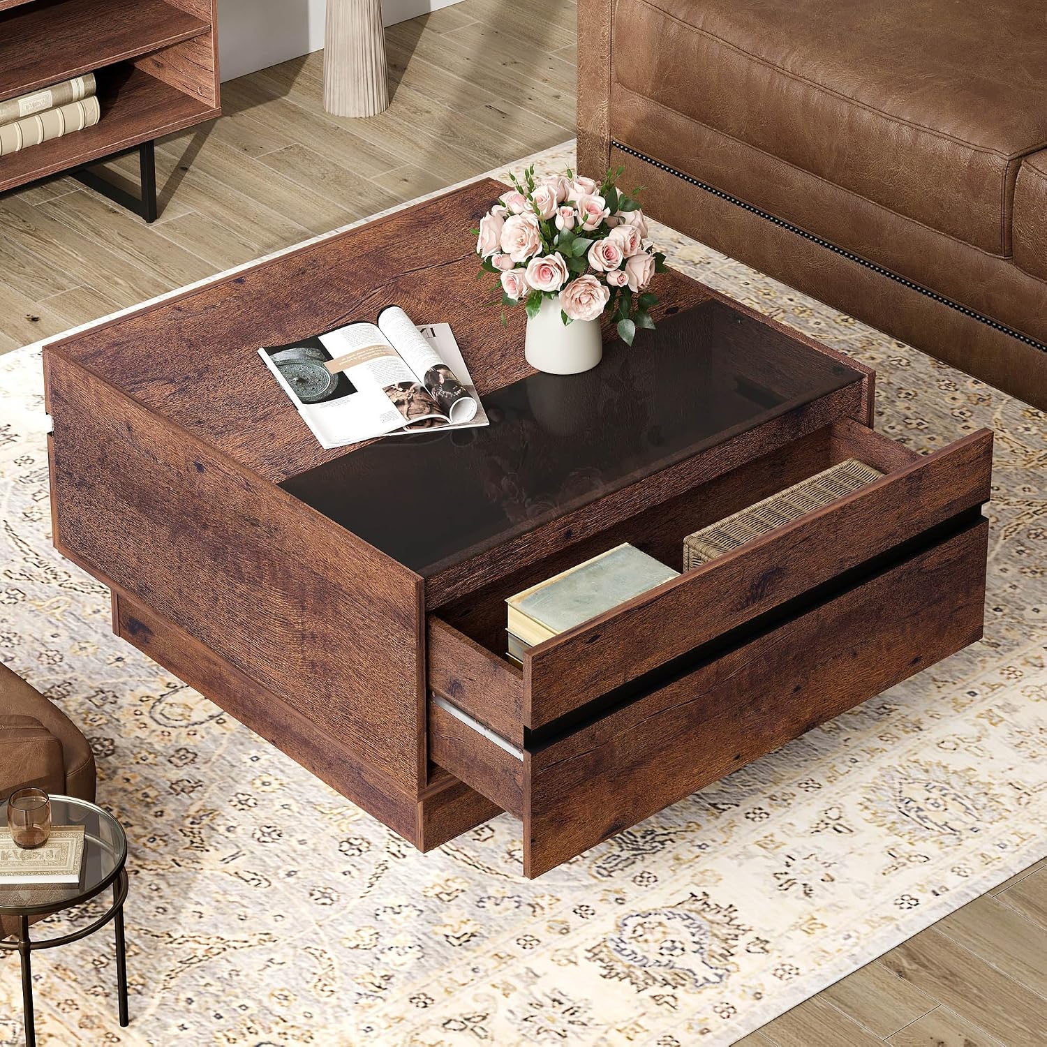 WAMPAT Modern TV Stand and Coffee Table Set of 2, Storage Entertainment Center for TVs Up to 75 inch, Square Center Table with Tempered Glass and Storage Drawers for Living Room, Brown