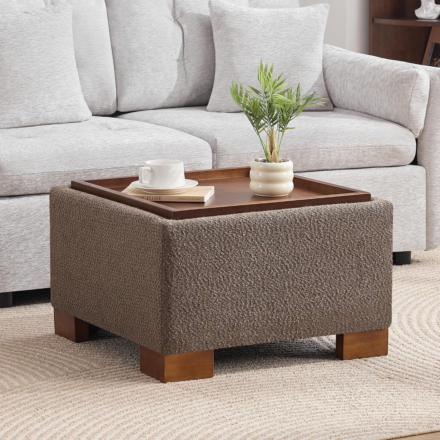 WUTUTUEE 24' Square Ottoman Coffee Table with Storage, Boucle Ottomans with Tray and Solid Wood Legs for Living Room, Bedroom and Apartments, Small Modern Ottoman Tea Table with Lift-Off Lid, Brown