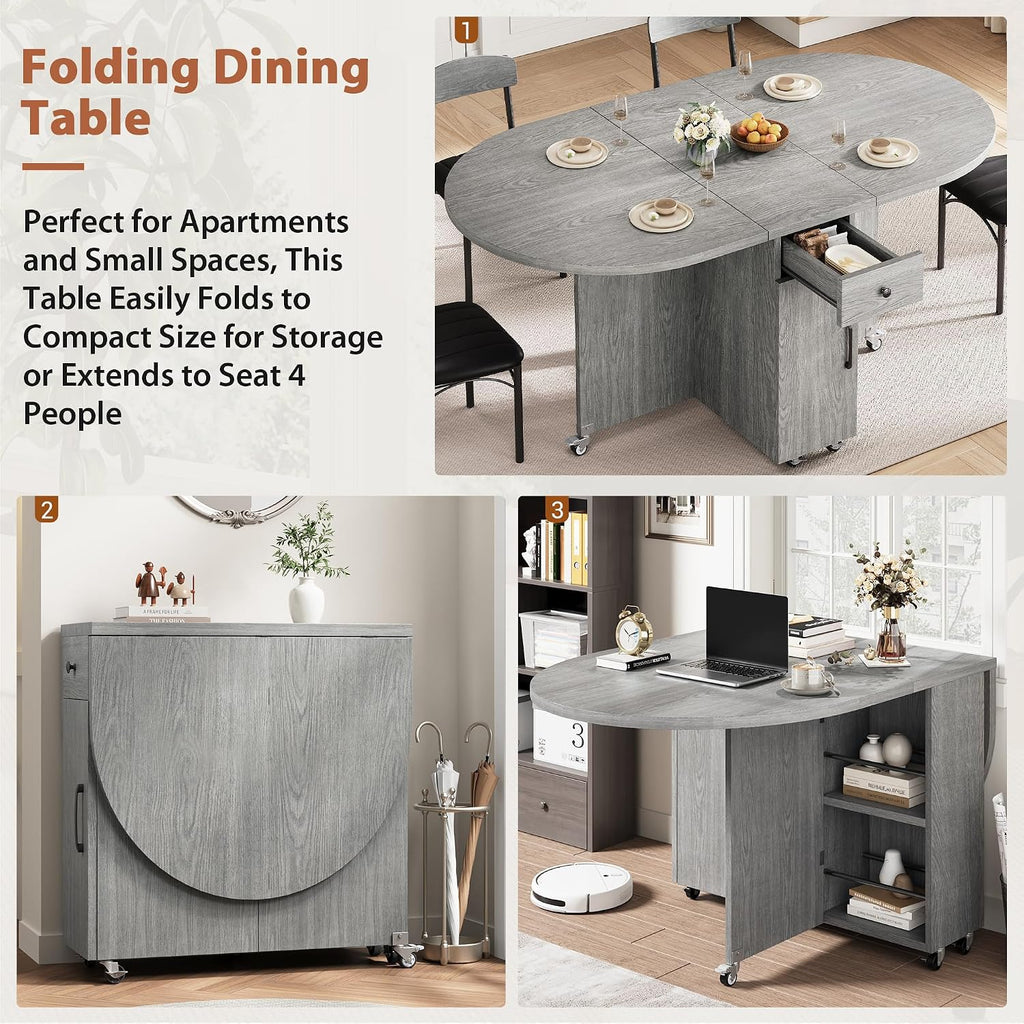 Jocoevol Round Folding Dining Table for 4, Space Saving Drop Leaf Kitchen Table with Storage Drawer, 6 Wheels Oval Gateleg Foldable Dining Table for Small Spaces (Grey, 47' x 23.6' x 30')