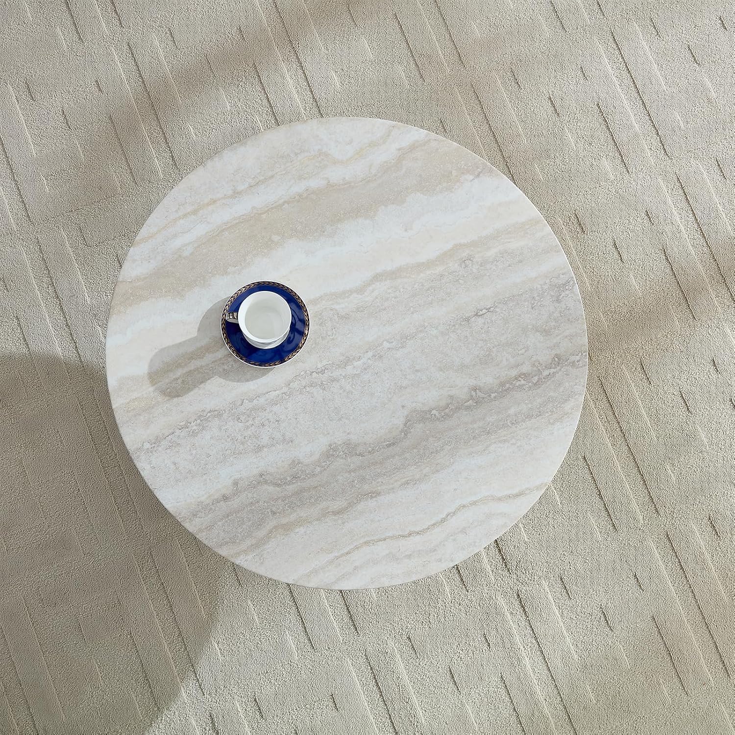 31.5' Modern Faux Marble Coffee Table, Round Stone Coffee Table with Cylindrical Leg, Fiberglass Drum Circle Center Table, Sofa Side End Tables for Living Room Apartment Home Cocktail Tea