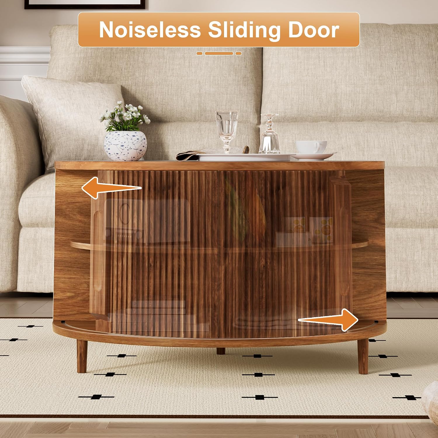 Round Lift Top Coffee Table, 31.5' Fluted Wood Lift Up Center Table with Sliding Door & Hidden Storage, Mid Century Modern Coffee Table for Living Room & Home Office (Walnut)