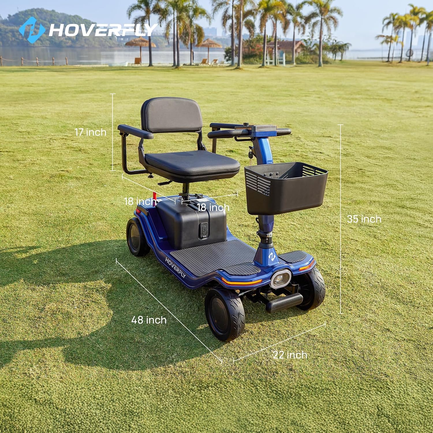 Hoverfly T5 Mobility Scooter for Seniors, Max 16.8-Mile Range & 5 mph, 3-Position Seat & Anti-slip Rear Wheel, Removed Battery & Quick Fold Design, Solid 9' Tire&330 lb Capacity, Ease of Assembly Blue