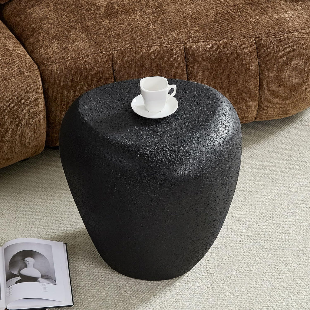 WILLIAMSPACE 19.29' End Table Side Table with Grainy Matte Rocks Pattern, Modern Circle Fiberglass Small Coffee Sofa Table, No Need Assembly (Black)