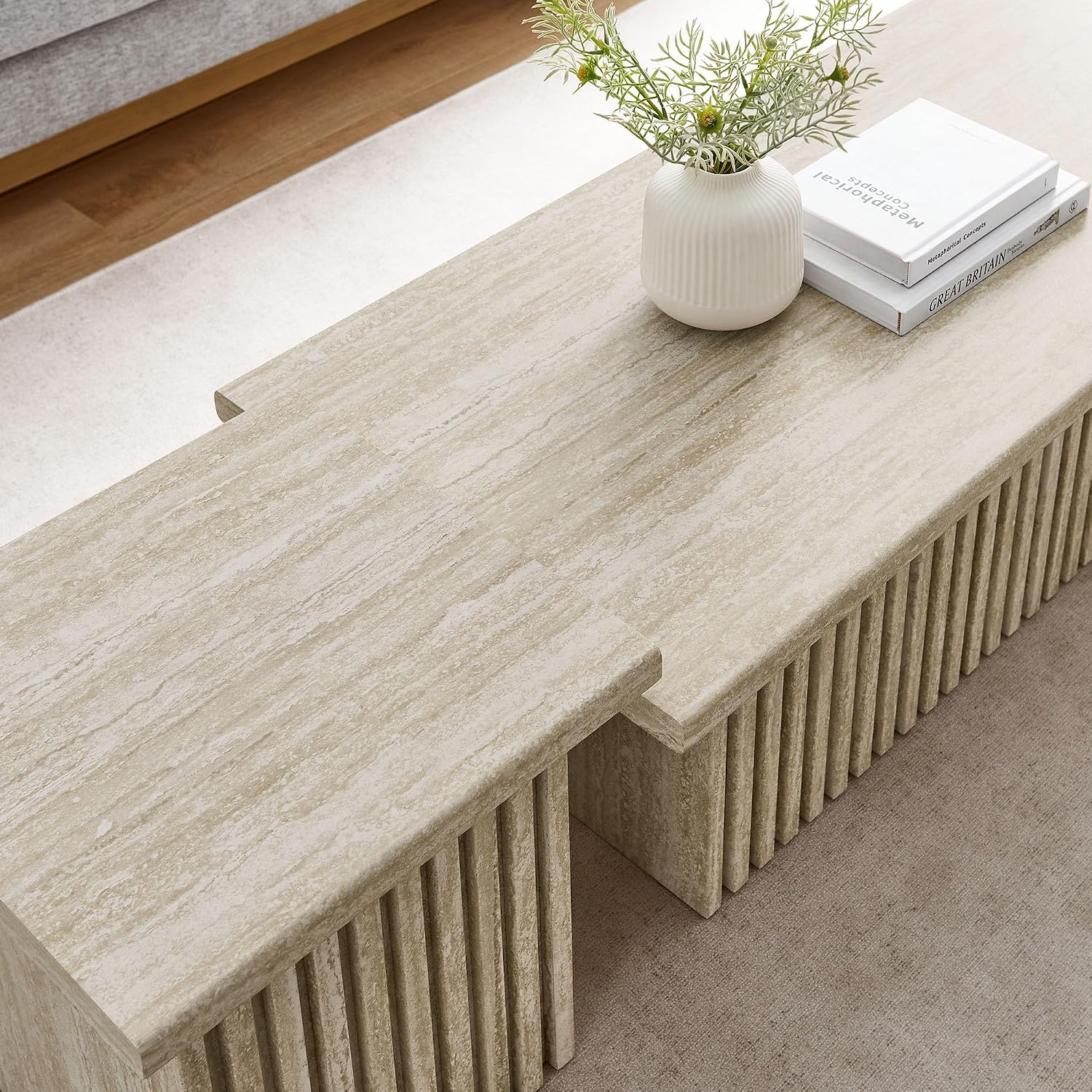 Modway Render Faux Travertine Slatted Nesting Coffee Table Set in Travertine - 2 Piece Low Profile Coffee Table Mid Century Modern - Abstract Coffee Tables for Living Room - Nested Accent Tables