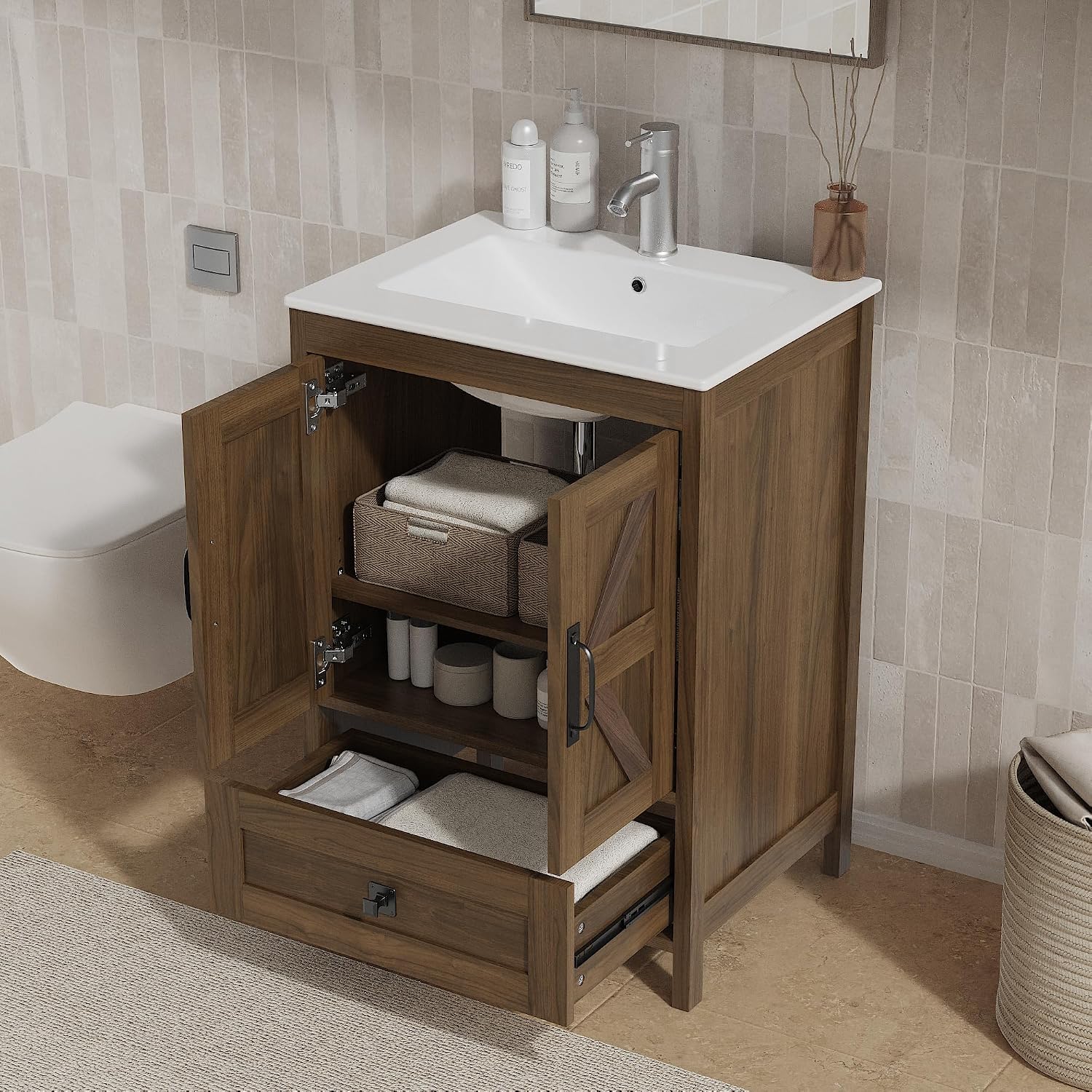 KIGOTY 24 Inch Farmhouse Vanity for Bathroom with Ceramic Sink, Vanity Sink Cabinet with Faucet, Wooden Sink Vanity, Freestanding Bathroom Sink and Cabinet, Bathroom Furniture Set