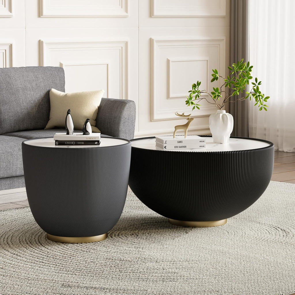 Round Coffee Table Set with Sintered Stone Tabletop, 27.56' Black Drum Center Table and 19.69' Grey Coffee Table Set, 2 Pieces Living Room Table Set with Fluted PU Leather Cover& Metal Base