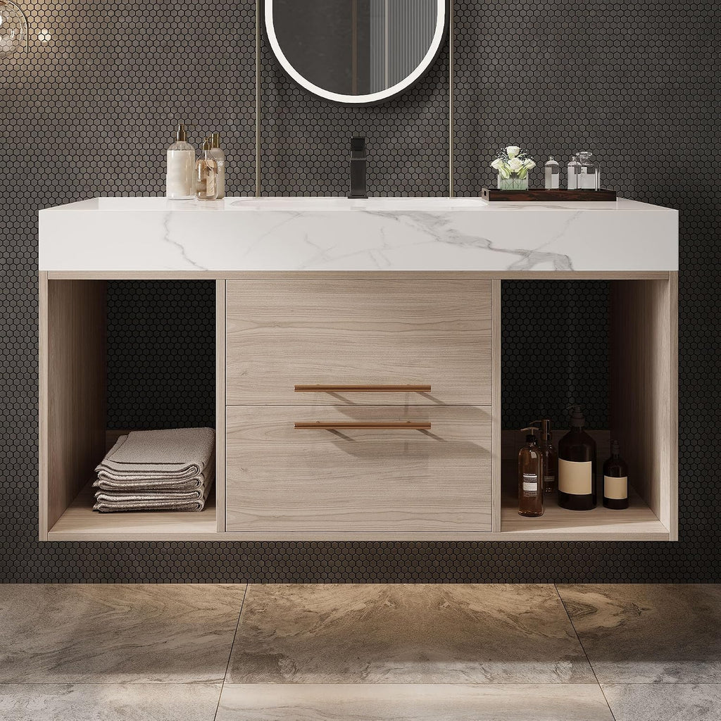 39.4' Bathroom Vanity with Oval Ceramic Sink, Floating Vanity Bathroom Sink Cabinet Wall Mount, Soft-Close Function 2 Large Hidden Drawers & Shelf