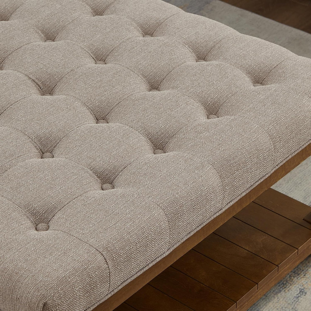 GDFStudio Large Square Upholstered Tufted Linen Ottoman Coffee Table with Solid Wood Frame and Open Storage Shelf, Nailhead Trim Accent Footrest for Living Room, Linen