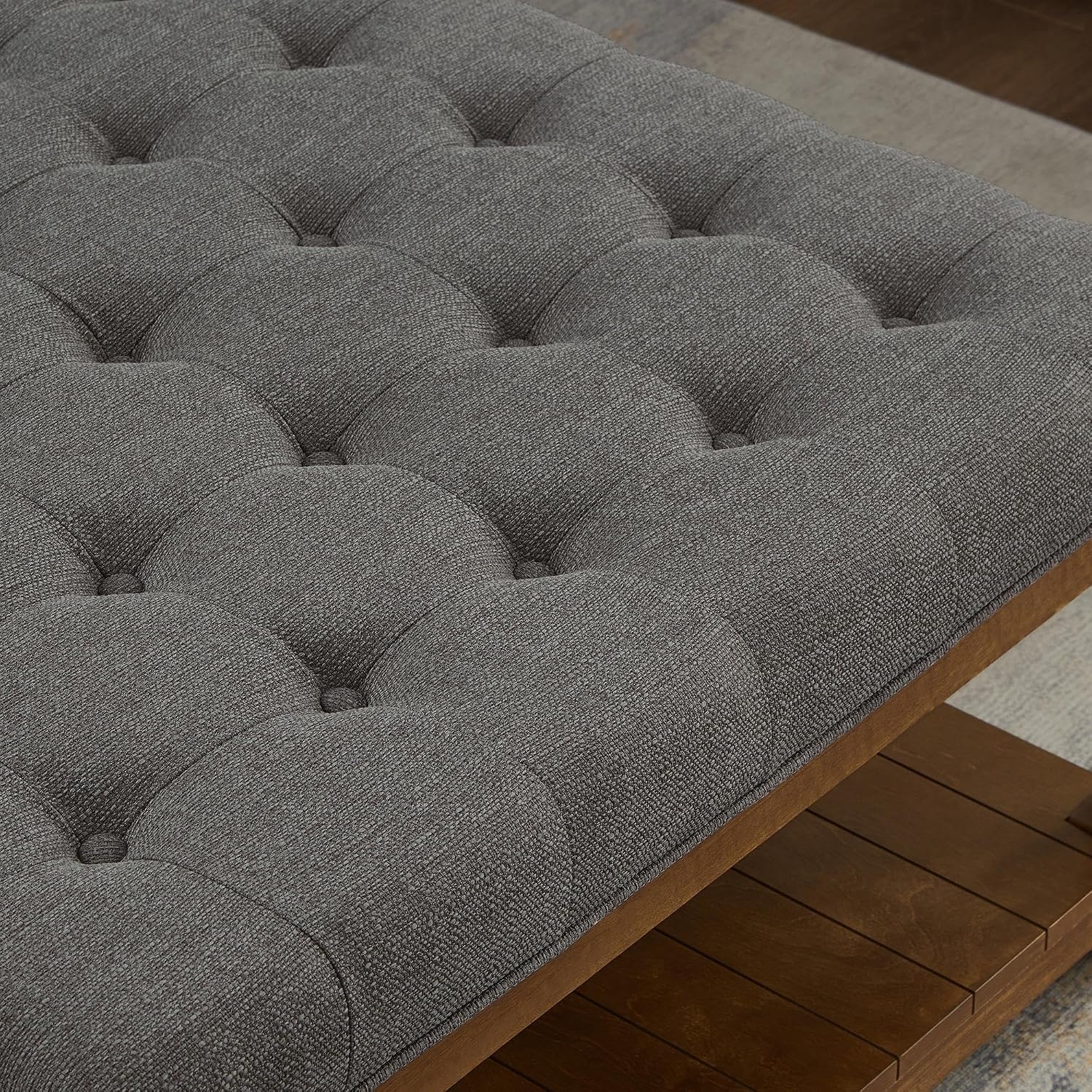 GDFStudio Large Square Upholstered Tufted Linen Ottoman Coffee Table with Solid Wood Frame and Open Storage Shelf, Nailhead Trim Accent Footrest for Living Room, Granite