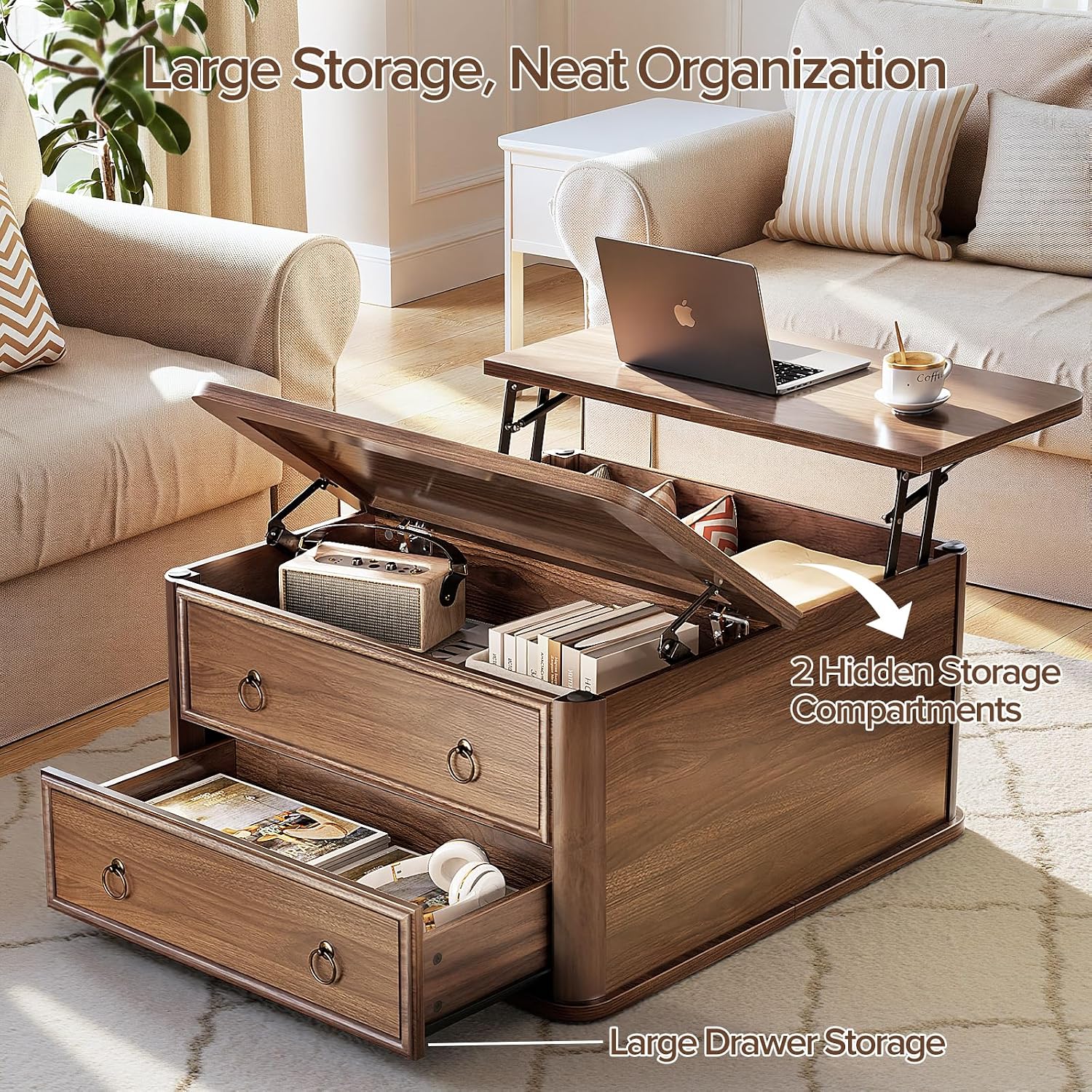 Memobarco 31.5' Lift Top Coffee Table with Storage,Square Coffee Tables with Lifting top for Living Room,Farmhouse Coffee Table with Large Drawers and 2 Hidden Compartment,Walnut