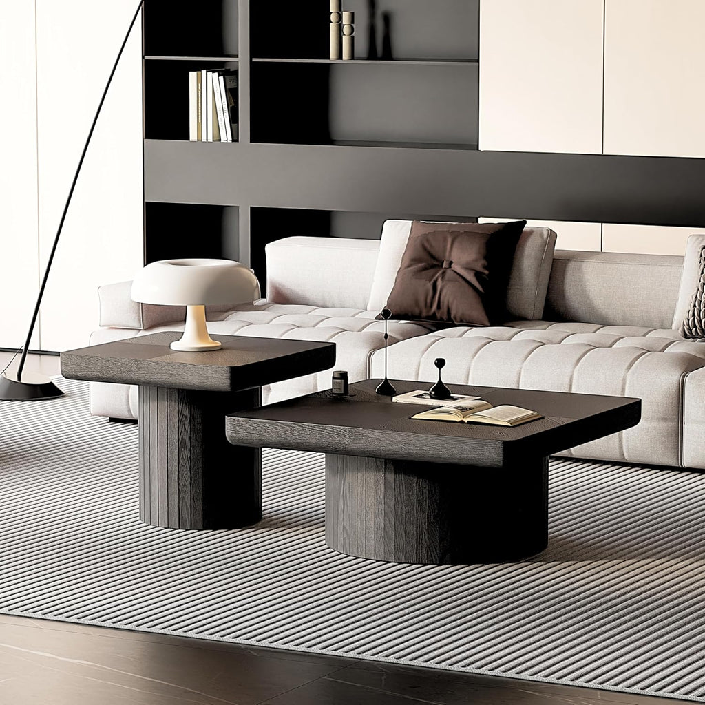KEIKI Nesting Coffee Table Set of 2, Modern Wooden Coffee Tables with Fluted Cylindrical Base, 34.6' Square Coffee Table & 23.6' Side Table, Space-Saving Living Room Accent Tables, Black