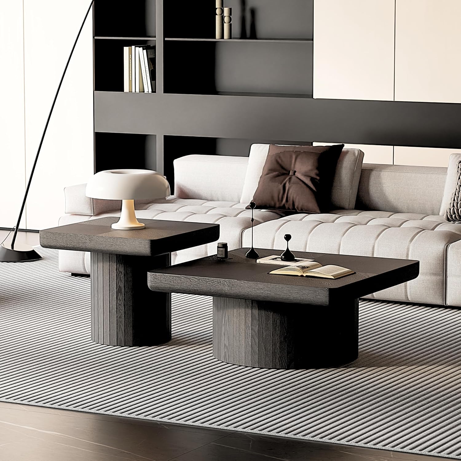 KEIKI Nesting Coffee Table Set of 2, Modern Wooden Coffee Tables with Fluted Cylindrical Base, 34.6' Square Coffee Table & 23.6' Side Table, Space-Saving Living Room Accent Tables, Black