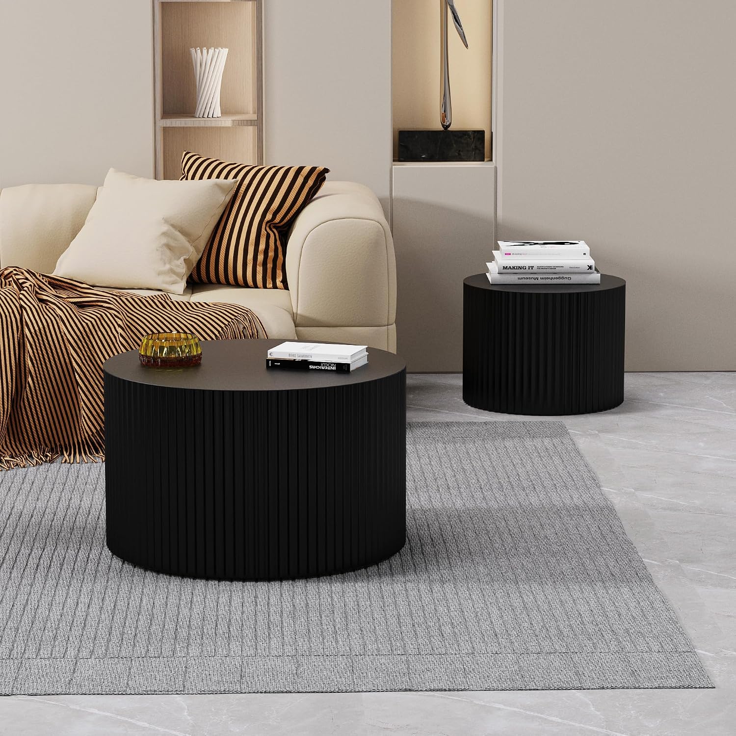 Round Coffee Table Set of 2 Modern Nesting Coffee Tables Wooden Drum Coffee Tables with Non-Slip Feet, Circle Nesting Tables End Table for Living Room Office, No Assembly (Black 27.56'+19.69')