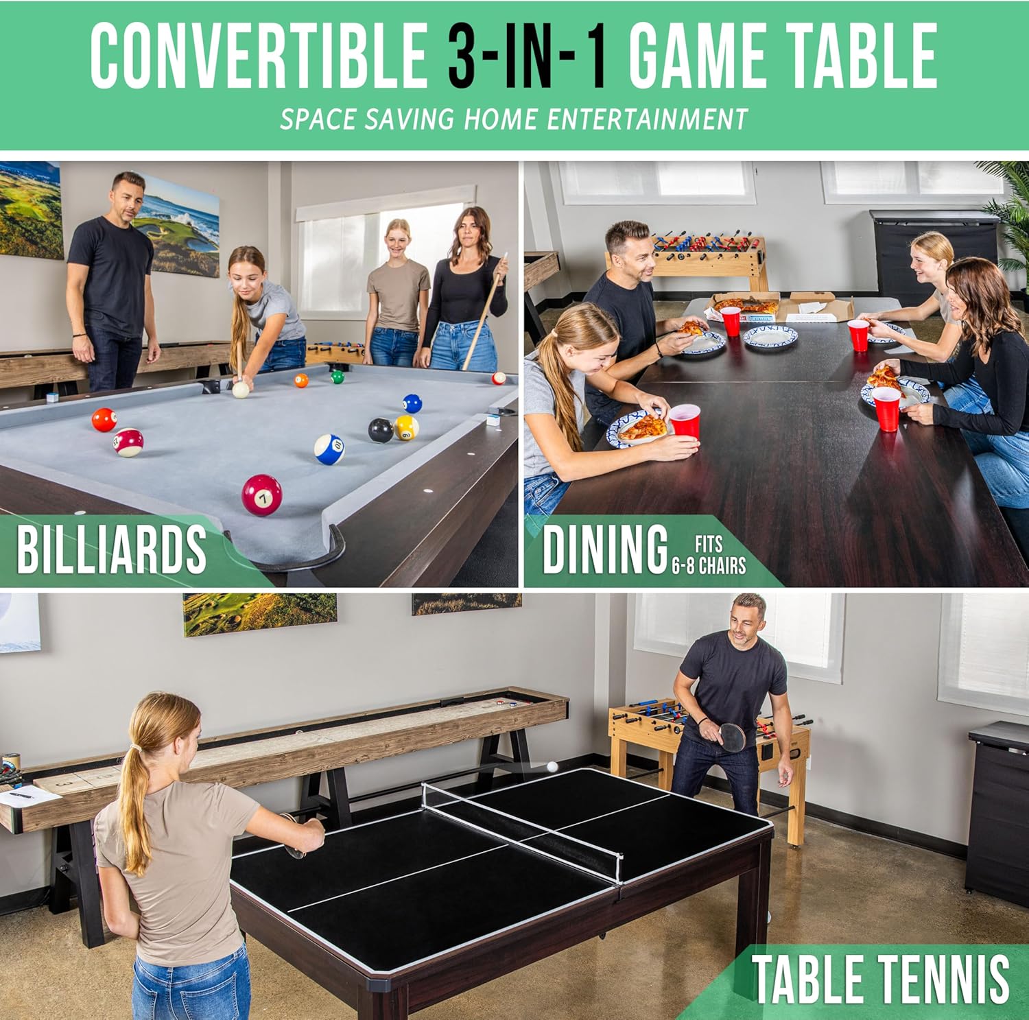 GoSports 3 in 1 Pool, Dining, & Table Tennis Combo Table and Storage Benches - 7 ft or 8 ft - Convertible Billiards and Table Tennis with Accessories
