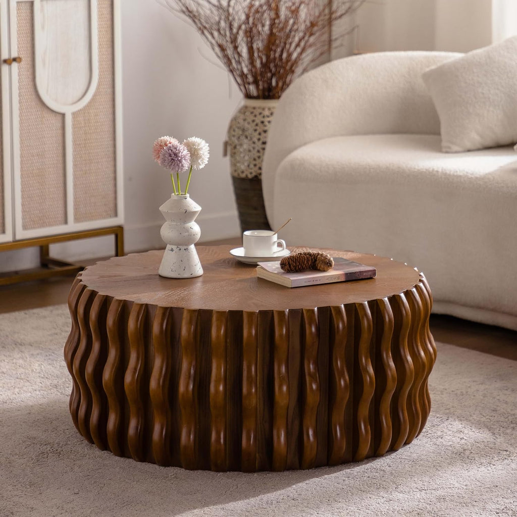 WILLIAMSPACE 31.5' Round Coffee Table for Living Room, Modern Circle Solid Wood Drum Fluted Center Table, Farmhouse Accent End Tea Table for Apartment, No Need Assembly, 12.99' H, Natural