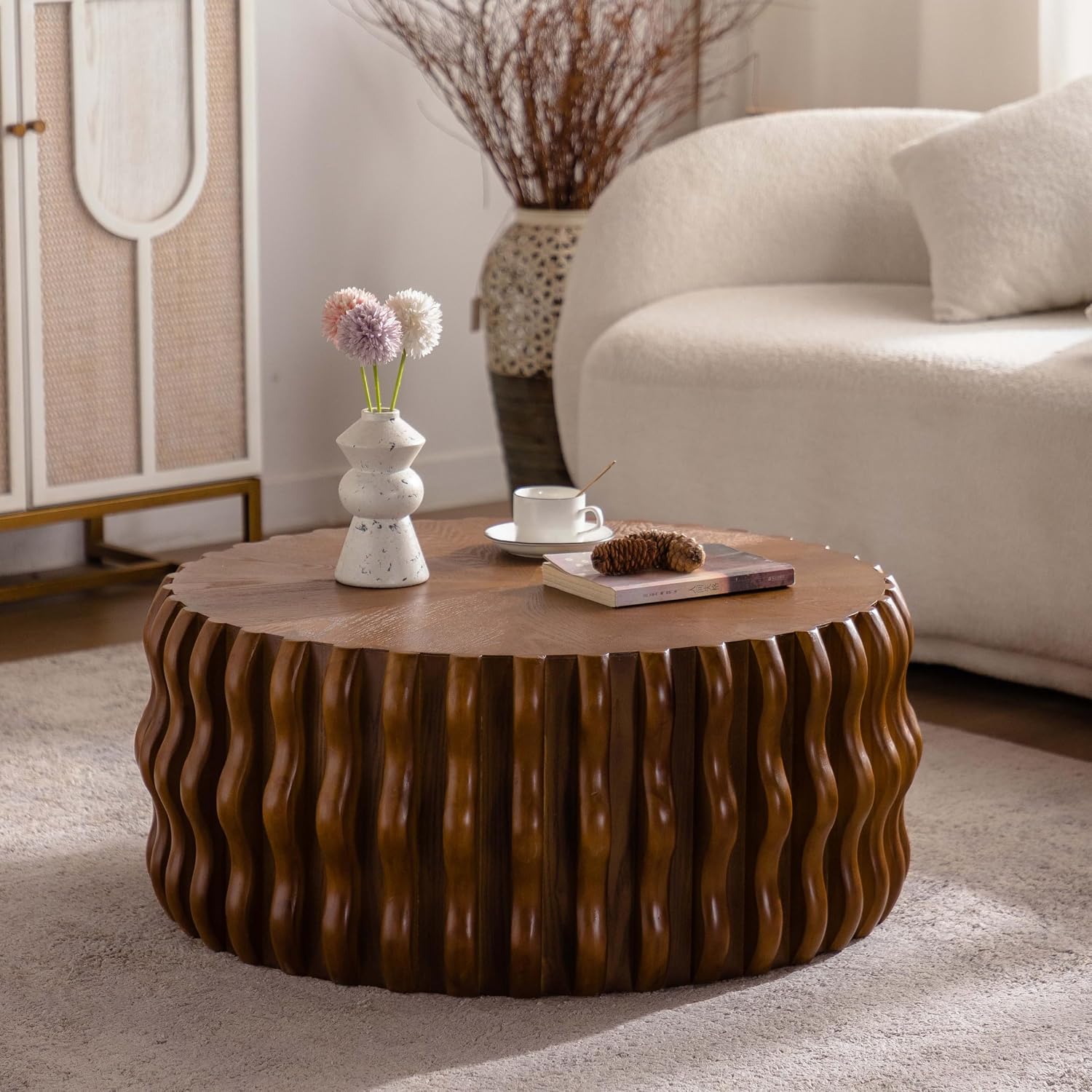 WILLIAMSPACE 38.58' Round Coffee Table for Living Room, Modern Circle Solid Wood Drum Fluted Center Table, Farmhouse Accent End Tea Table for Apartment, No Need Assembly, 12.99' H, Natural