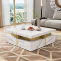 GDFStudio Barsv Modern Square Coffee Table with 4 Drawers, Stylish Storage Accent Table, Living Room Furniture with Ample Space, Remote Control Organizer, Glam Home Decor, White + Gold