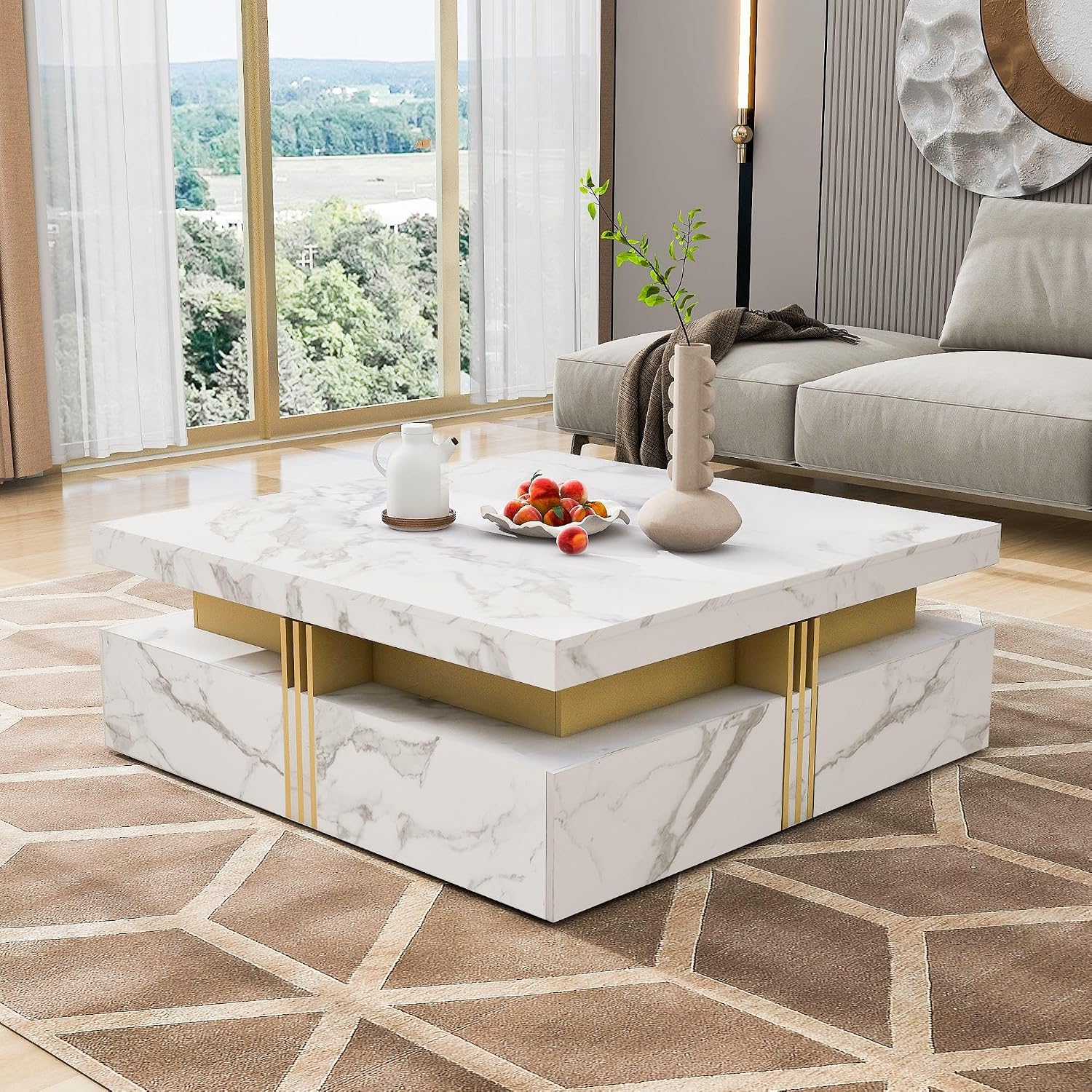 GDFStudio Barsv Modern Square Coffee Table with 4 Drawers, Stylish Storage Accent Table, Living Room Furniture with Ample Space, Remote Control Organizer, Glam Home Decor, White + Gold