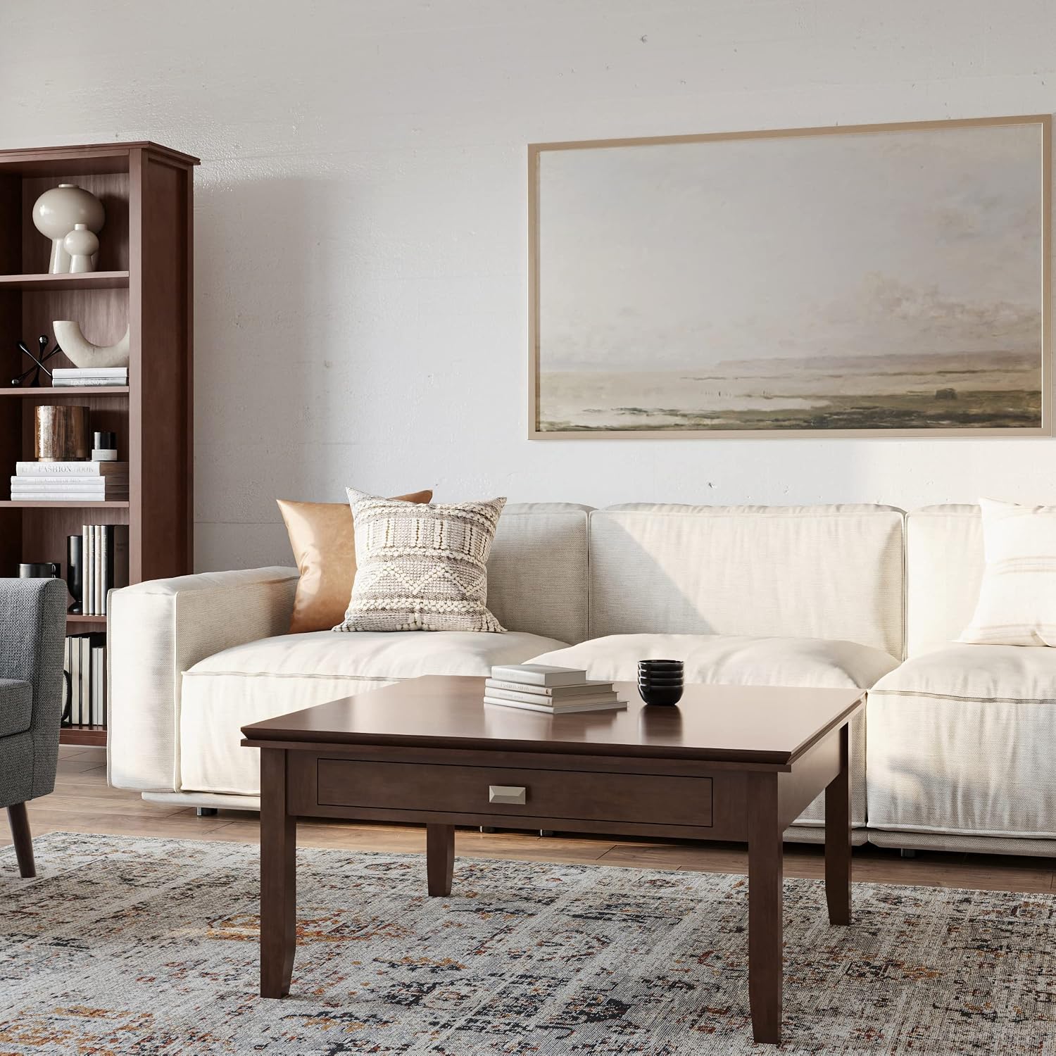 SIMPLIHOME Artisan Square Coffee Table - 36 inch Wide Solid Wood Transitional Cocktail Table in Russet Brown, Classic Living Room Table with Slatted Open Shelf and Contemporary Framed Top Design