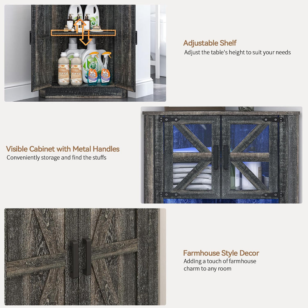 Lvifur Farmhouse Corner Cabinet with LED Lights, Tall Bathroom Storage Cabinet w/Barn Door & Adjustable Shelves, for Living Room (Dark Rustic Oak)