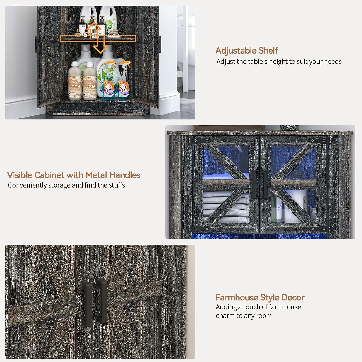 Lvifur Farmhouse Corner Cabinet with LED Lights, Tall Bathroom Storage Cabinet w/Barn Door & Adjustable Shelves, for Living Room (Dark Rustic Oak)
