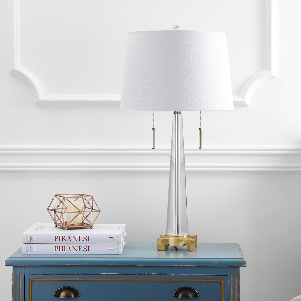 JONATHAN Y 29.5' Clear/Brass Gold 2-Light Crystal LED Table Lamp, Contemporary Glam Bedside Lamp for Living Room, White Linen Drum Shade, Pull Chain, LED Bulbs Included JYL2018A