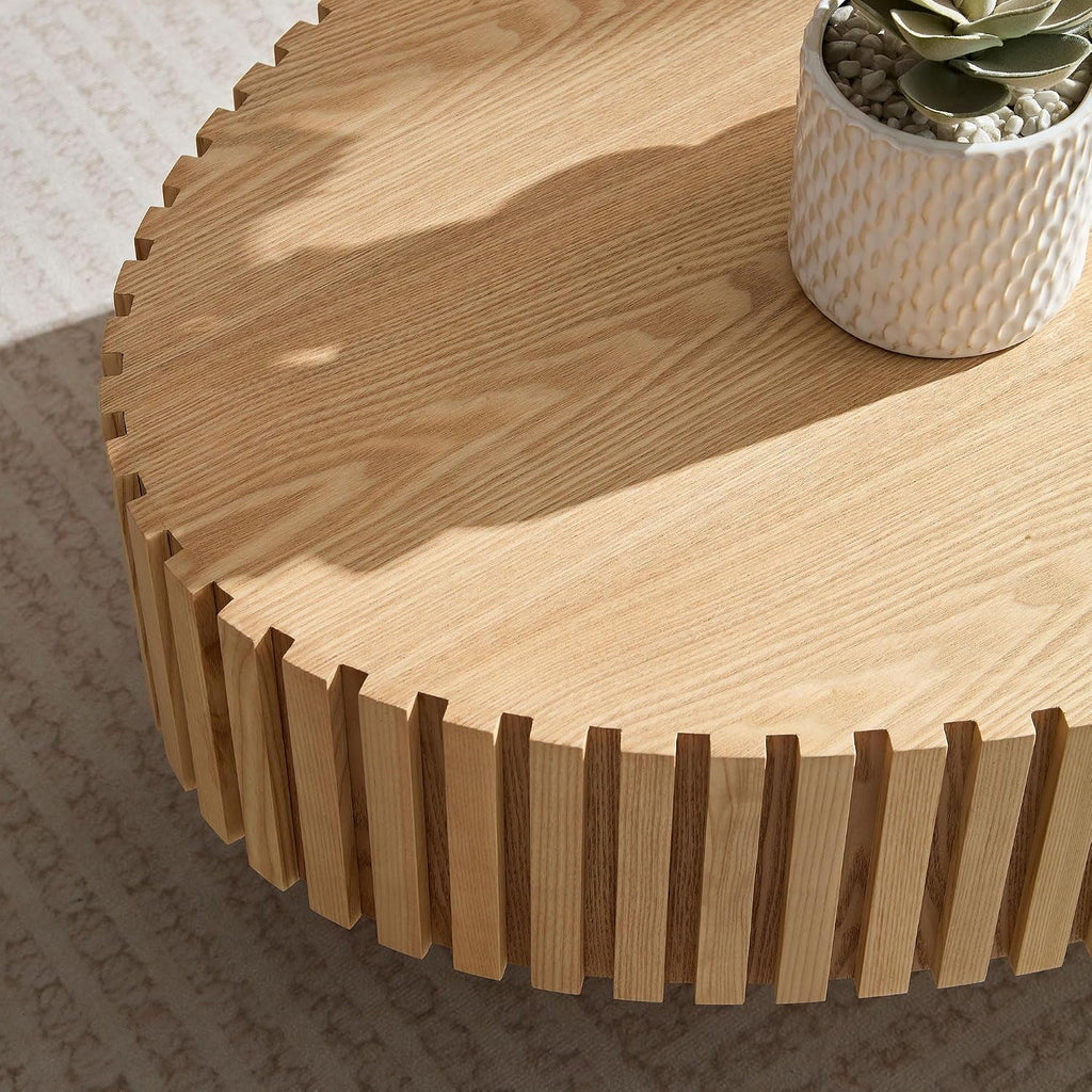 Oak Oval Modern Coffee Table for Living Room, Contemporary Circle Fluted Drum, Easy Assembly, Wood (43.7'' x 24.8'' x 13.38'')