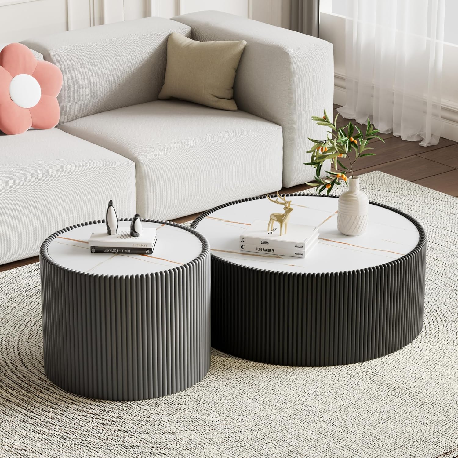 Round Coffee Table Set with Sintered Stone Tabletop, 29.52' Black Drum Center Table and 17.71' Grey Coffee Table Set, 2 Pieces Living Room Table Set with Fluted PU Leather Cover& Stable Base