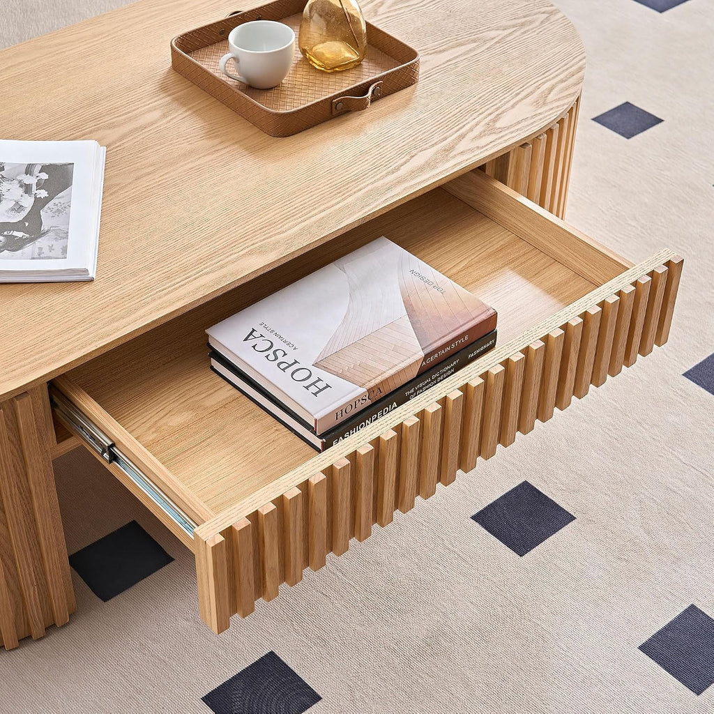 JUSTONE 51.18'' Oval Wood Coffee Table with Drawer, Farmhouse Wood Coffee Table for Living Room,Apartment(Oak)