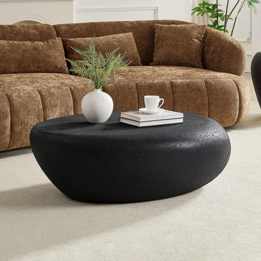 WILLIAMSPACE 43.3' Oval Coffee Table with Grainy Matte Rocks Pattern, Modern Irregular Center Table, Drum Fiberglass Coffee Table Accent Side Table End Table for Living Room (Black)