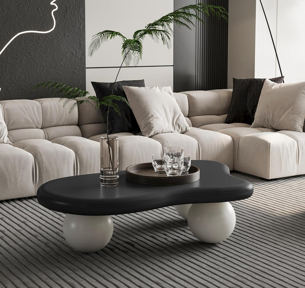 40' Cloud Coffee Table for Living Room Irregular Coffee Table Modern Low Coffee Tables Abstract Faux Stone Cute Center Table with 3 Ball Legs for Small Space Apartment (Black & White)